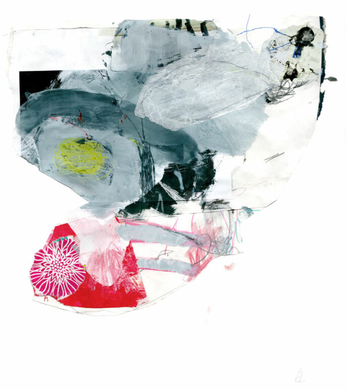 Collage in Grau-Rot und Schwarztöntn, die den Oberkörper einer weiblichen Figur beschreiben