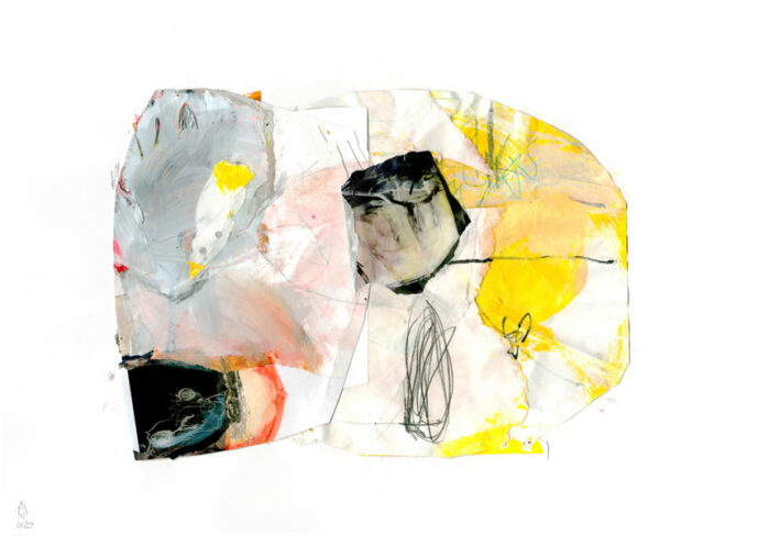 Eine Collage in Gelb- und Orangetönen im Vordergrund kann man eine Figur mit einem geschlossenen Auge sehen
