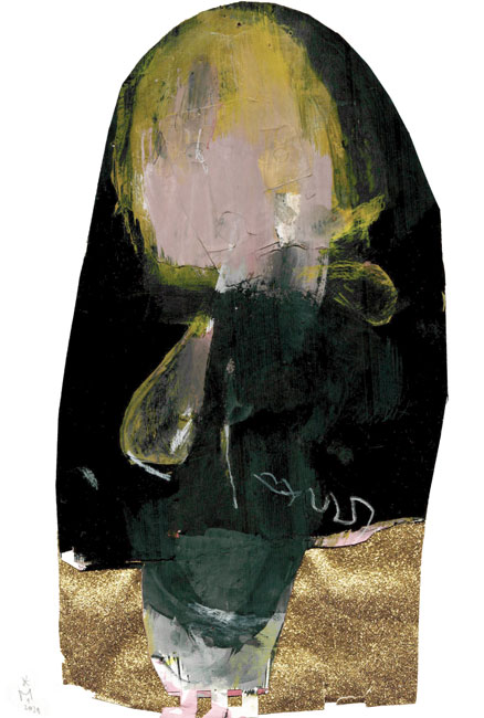auf einem reflektierendem goldenen Boden steht vor einem schwarzen Hintergrund eine figuränglichen Form - die Zeichnung hat eine torähnliche Form wie ein Blick durch ein Schlüssenloch. Der Kopf der Figur besteht auf Ocker- und Rosatönen.