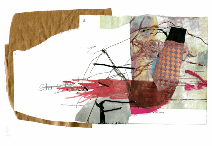 Im linken Bereich des Hintergrunds der Collage sieht man golden schimmerndes Geschenkpapier ds im Vordergrund von rot bemalten und schwarz bestickten Papieren bedeckt ist.