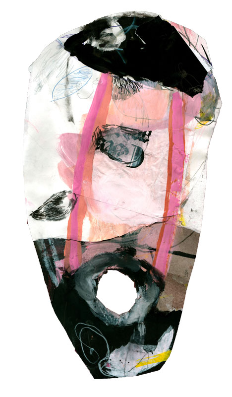 Eine ovale Collageform, in der oben eine schwarze hutähnlich Form sitzt. Im unteren Drittel sieht man weiße Linien und Flecken auf schwarzem Papier. In der Mitte dieser Fläche ist ein fast kreisrundes Loch herausgerissen. Als Verbindung von oben und unten sieht man 2 parallel laufende orang- und rosafarbige Malstriche.