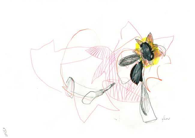 Eine figurähnlich Form trägt einen Kopf ähnlich einer Sonnenblume um sie herum sind bewegte Formen in roten Farben.